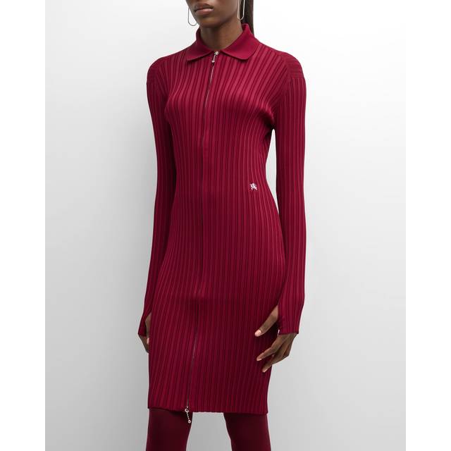 Women's Burberry Ribbed EKD Long Sleeve Dress Ripple Burgundy Ribbed Dress - Size: 12