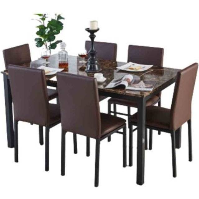 Modernique Emillia MDF Marble Effect Dining Table With 6 Faux Leather Chairs In Brown, Black