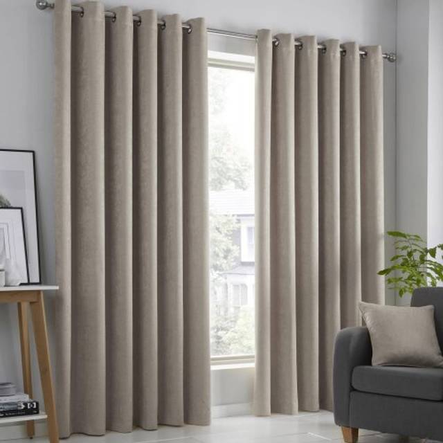 Fusion Strata Woven Dimout Ready Made Eyelet Curtains Natural - Cream/Beige