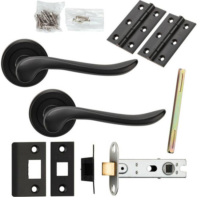 Door Handle & Latch Pack Matt Black Scroll Shaped Lever Screwless Round Rose