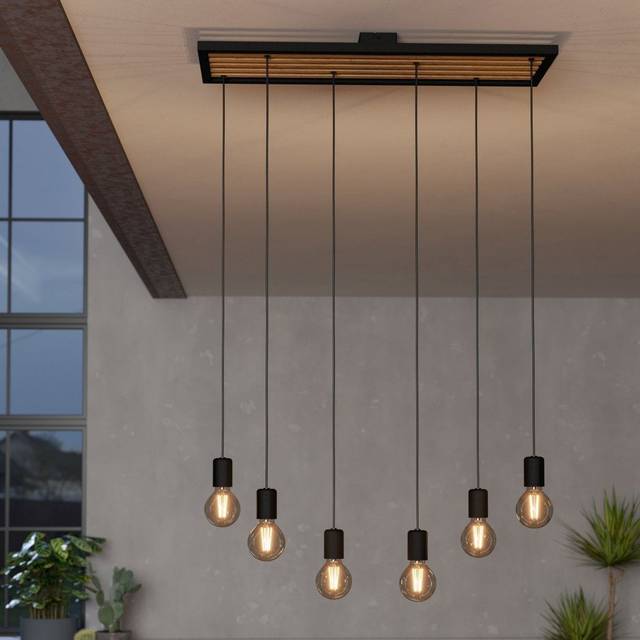 Eglo Consett Six Drop Linear Pendant in Wood with Black Metal Detailin