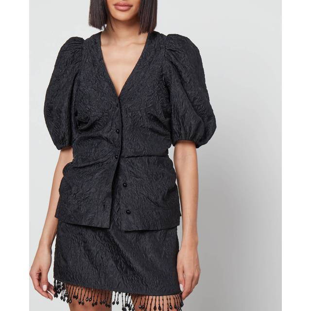 Ganni, Blusar & Skjortor , Dam, S, Organza, Blommig Jacquard Puff-ärm Svart Blus - black (S)