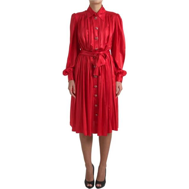 Elegant Red Silk Midi Dress with Button Detail - IT46|XL