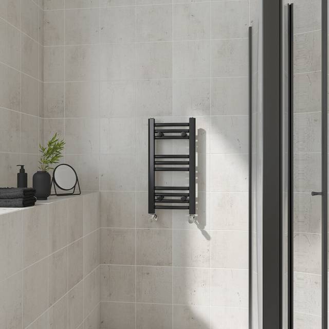 (Curved, 600x300mm) Warmehaus Heated Towel Rail Black Bathroom Ladder Style Radiator Central Heating