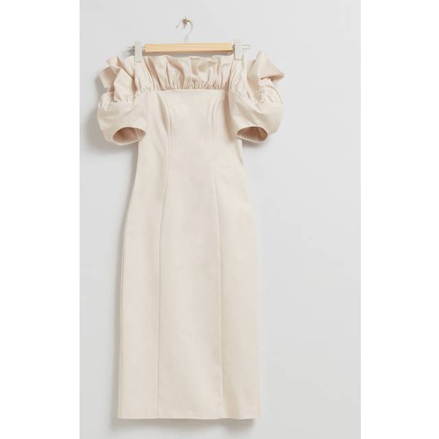 Ecru Ruffle Neckline Puff Midi Dress - Beige (6)