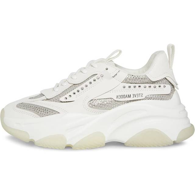 Steve Madden Possession White Rhinestone Embellished Lace Up Low Top Sneakers (White Rhinestone, 5)