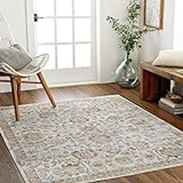 ESTHER Round Machine Washable Traditional Boho Area Rug - Grey - 120cm x 170cm