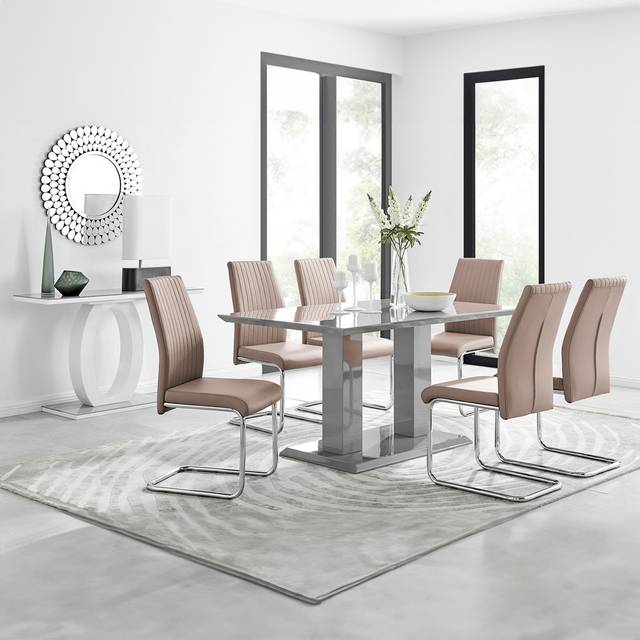 Furniturebox Molini Fontana 6 Seater Dining Set Grey Gloss Cappuccino and Chrome - Brown