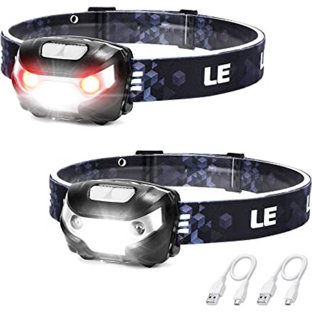LE Head Torch Rechargeable, [2 Pack] 1000L Super Bright LED Headlamp Waterproof with Red Warning Lights 5 Lighting Modes 30 Hours Runtime Lightwe