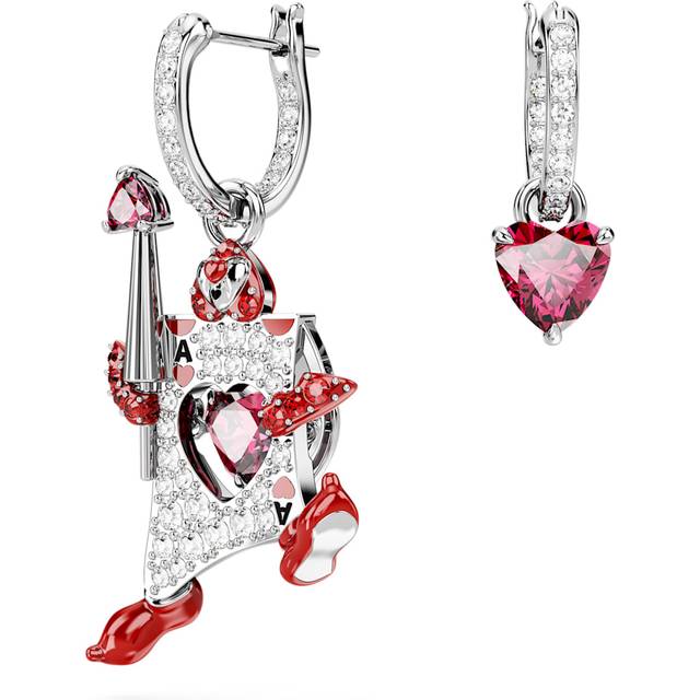 Alice in Wonderland drop earrings, Asymmetrical design, Playing card, Red, Rhodium plated