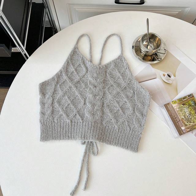 Flirla Plus Size Cable Knit Back Detail Floral Cami Tank Top