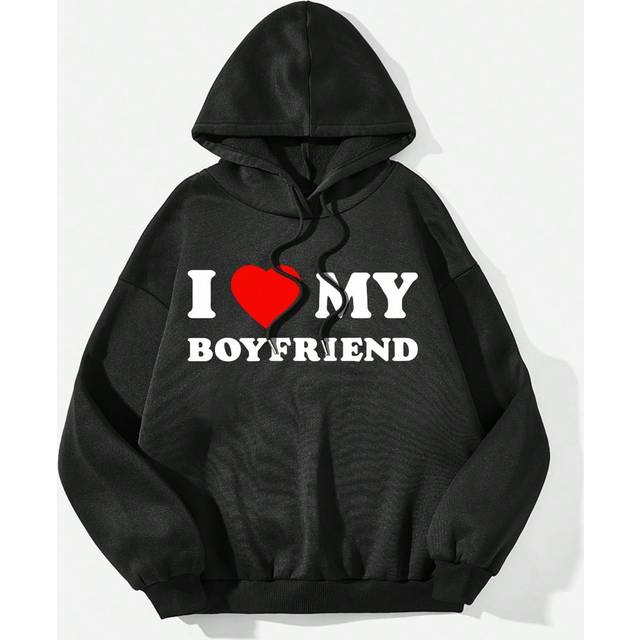 SHEIN Casual &#34;I Love My Boyfriend&#34; Slogan Heart Graphic Drawstring Hooded Oversized Sweatshirt For Women, Suitable For Autumn/Winter,Long Sleeve Tops