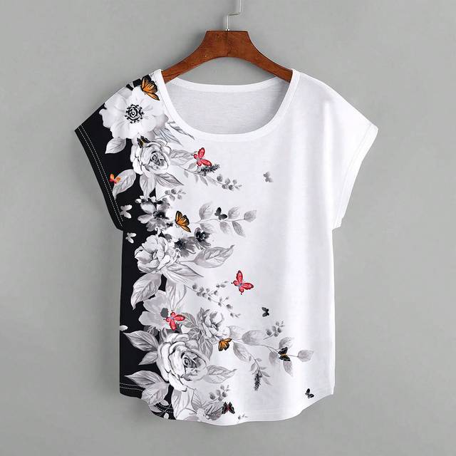 INAWLY Plus Size Women&#39;s Floral & Butterfly Printed Round Neck T-Shirt Women Graphic Tee Top For Summer