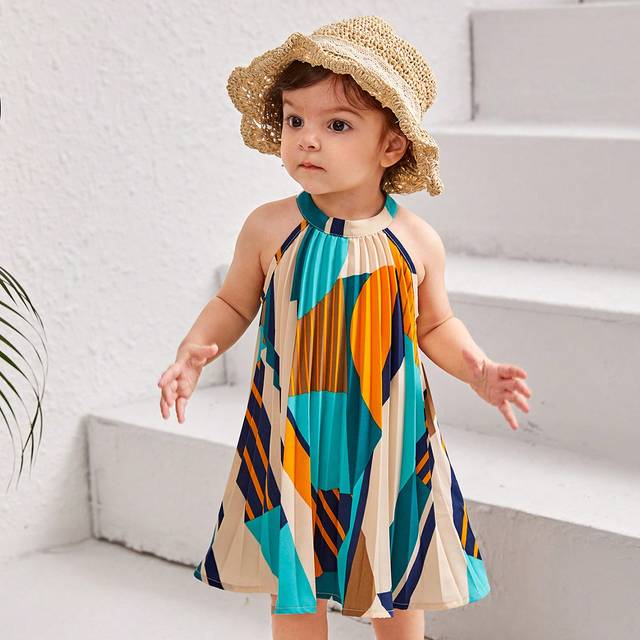Bebis Flickans Geometriskt Tryck Veckade Halterneck Klänningar - Beige (6-9M,9-12M,12-18M,18-24M,2-3Y)