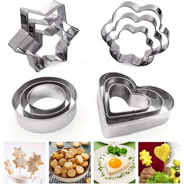 SHEIN 1set/12pcs Stainless Steel Cookie Cutter Set With Heart, Flower, Star And Circle Shape For Diy Baking