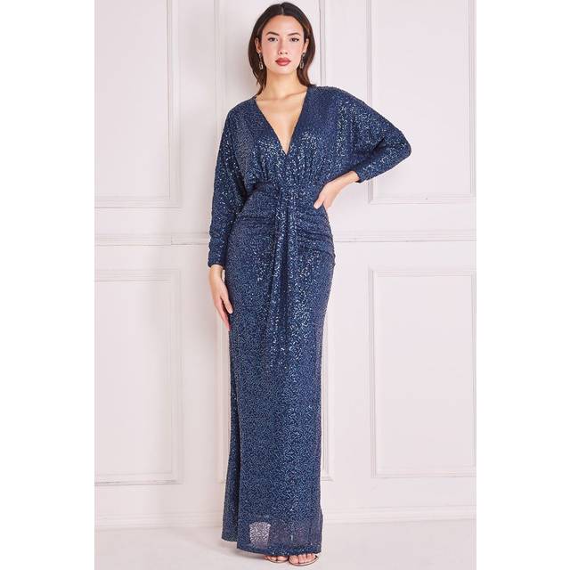 Plunge V-Neck Sequin Maxi - Navy by Goddiva - 8