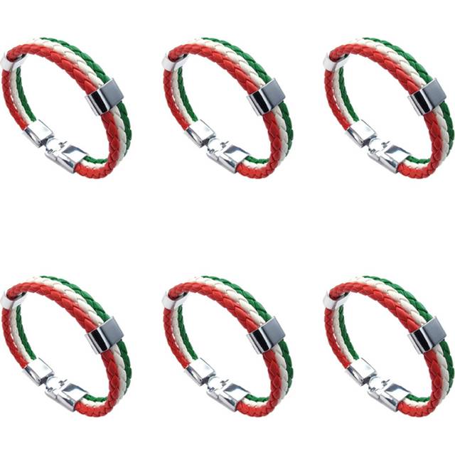 6X Jewelry Bracelet, Italian Flag Bangle, Leather Alloy, for Men's Women, Green White Red (Width 14 mm, Length 23 cm)