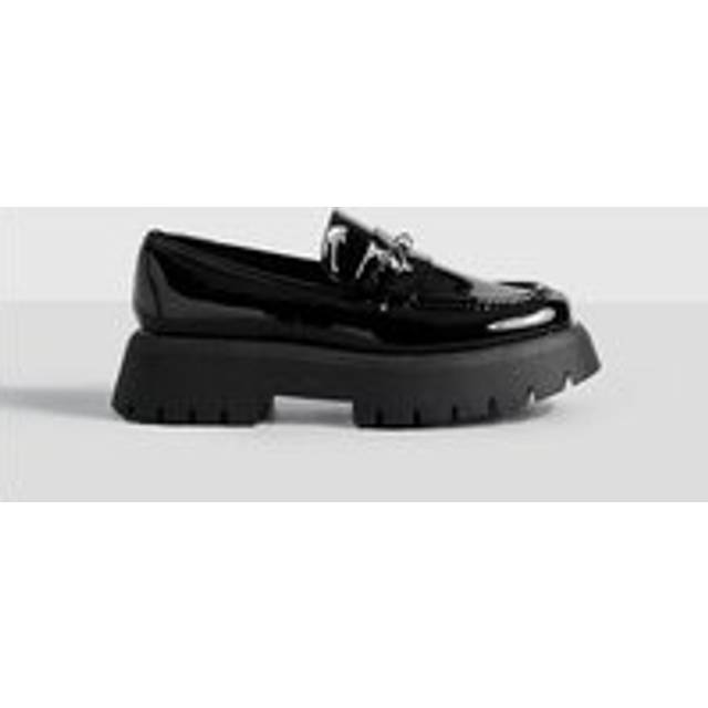 Womens Wide Fit Platform Chunky Sole T Bar Loafers - Black - 7, Black