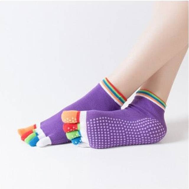 (Colorful D Purple) Women Anti Slip Elastic Yoga Socks 5 Fingers Toe Ballet Girls Pilates Fitness Gym Sport Colourful