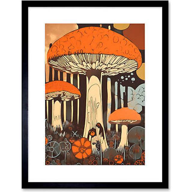Wall Art Print Mushroom Vintage Large Red Cap Fungi Pastel Colour Earthy Aesthetic Kitchen Artwork Framed 9X7 Inch - Black - W7 inch x H9 inch