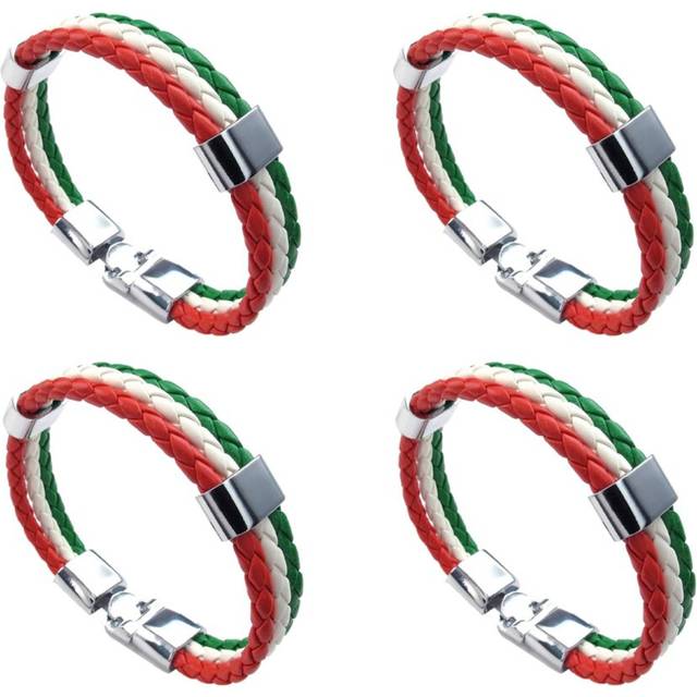 4X Jewelry Bracelet, Italian Flag Bangle, Leather Alloy, for Men's Women, Green White Red (Width 14 mm, Length 23 cm)