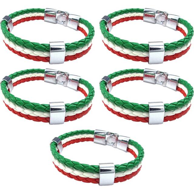 5X Jewelry Bracelet, Italian Flag Bangle, Leather Alloy, for Men's Women, Green White Red (Width 14 mm, Length 23 cm)