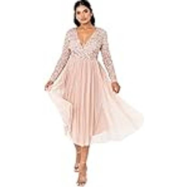 Faux Wrap Embellished Long Sleeve Midi Dress - Taupe - 26