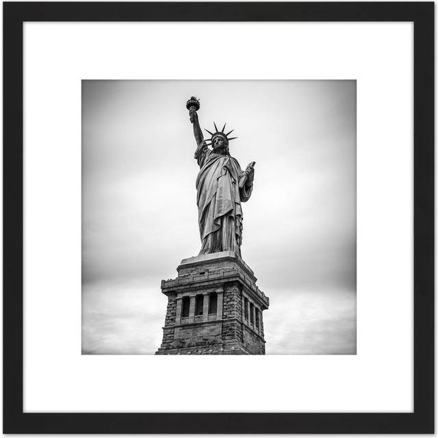 Statue Liberty New York Black White 8X8 Inch Square Wooden Framed Wall Art Print Picture with Mount - One Size