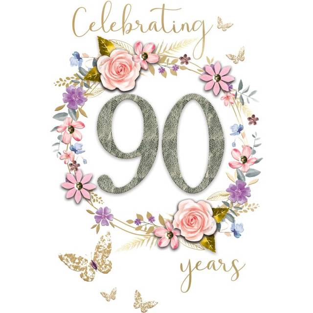 Female 90th Birthday Card Embellished Wreath Of Flowers Champagne Greeting Card