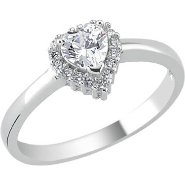 (L) Jewelco London Ladies Rhodium Plated Sterling Silver Round & Love Heart CZ Dainty Halo Solitaire Engagement Ring - ARN135