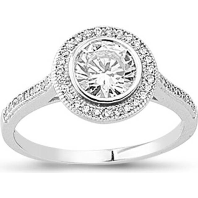 (M) Jewelco London Ladies Rhodium Plated Sterling Silver Cubic Zirconia Shoulder-set Halo Solitaire Engagement Ring - ARN141