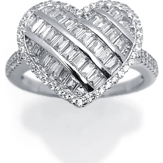 (M) Jewelco London Ladies Rhodium Plated Sterling Silver Round & Baguette CZ Shoulder-set 5-Row Halo Love Heart Cluster Ring - ARN146