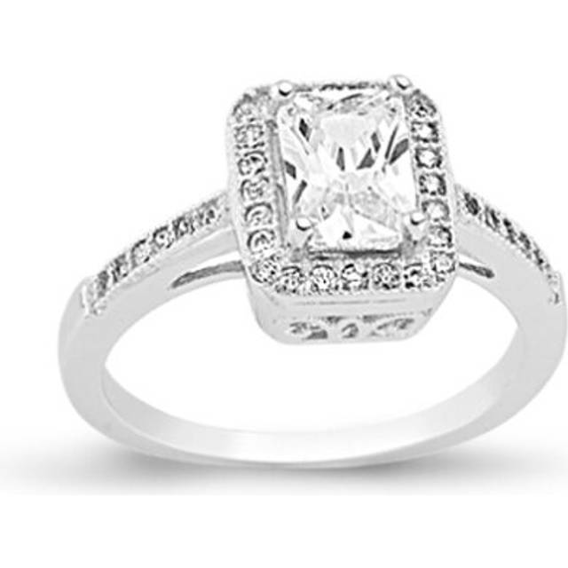(P) Jewelco London Ladies Rhodium Plated Sterling Silver Round & Emerald-cut CZ Shoulder-set Halo Solitaire Engagement Ring - ARN133