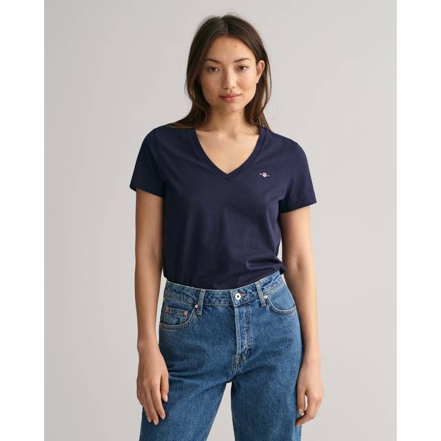 GANT Reg Shield Ss V-hals T-shirt för kvinnor, Kvällsblå, M