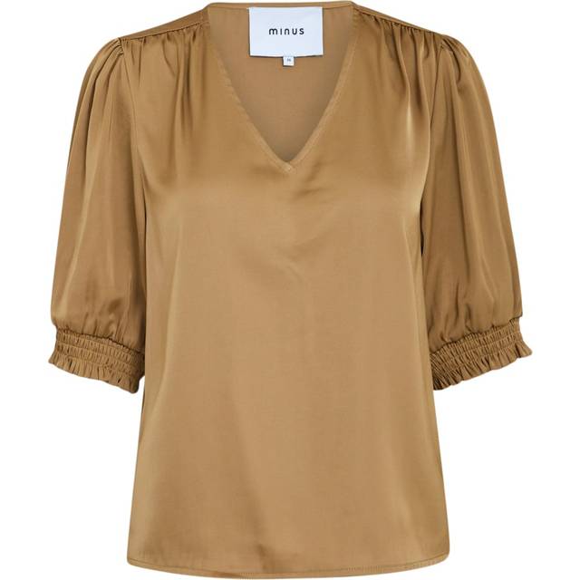 Minus Selva Vneck Puff Half Sleeve Blouse Dam Kortärmade Blusar Stl. 36 - Från Magasin - Ermine Brown (36)