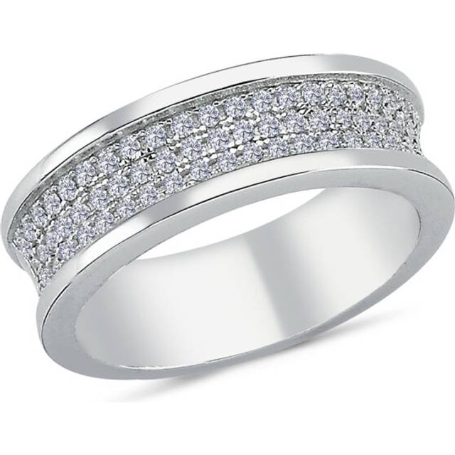 (L) Jewelco London Unisex Rhodium Plated Sterling Silver Cubic Zirconia 3-row Pave Wedding Band Style Half Eternity Ring - ARN142