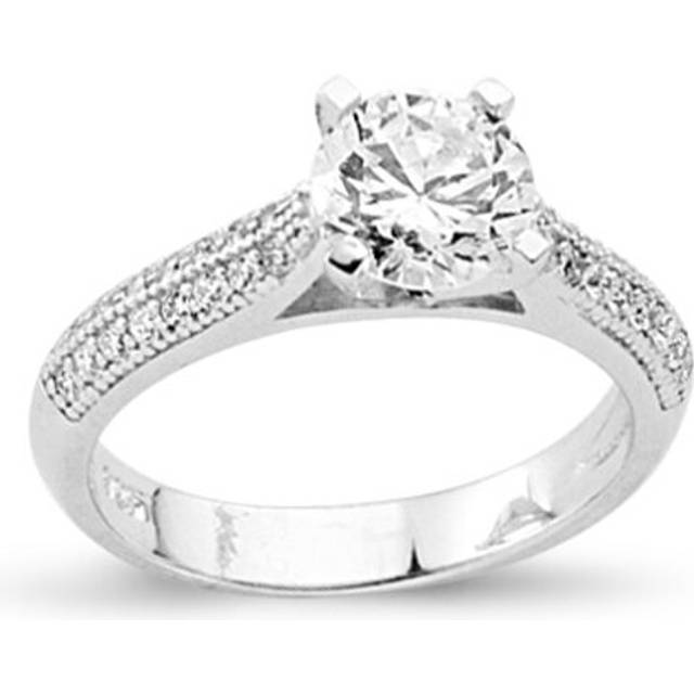 (K) Jewelco London Ladies Rhodium Plated Sterling Silver Cubic Zirconia Shoulder-set Solitaire Engagement Ring - ARN136