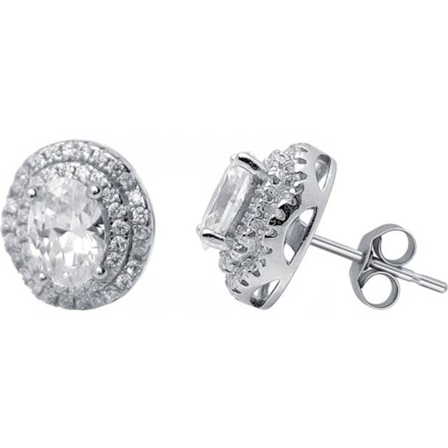 Jewelco London Ladies Rhodium Plated Sterling Silver White Round & Oval Cubic Zirconia 3-tier Wedding Cake Stud Earrings - AES134