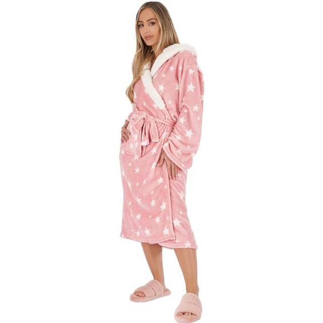 Dreamscene Star Print Sherpa Hooded Dressing Gown Bathrobe - Blush Pink - One Size