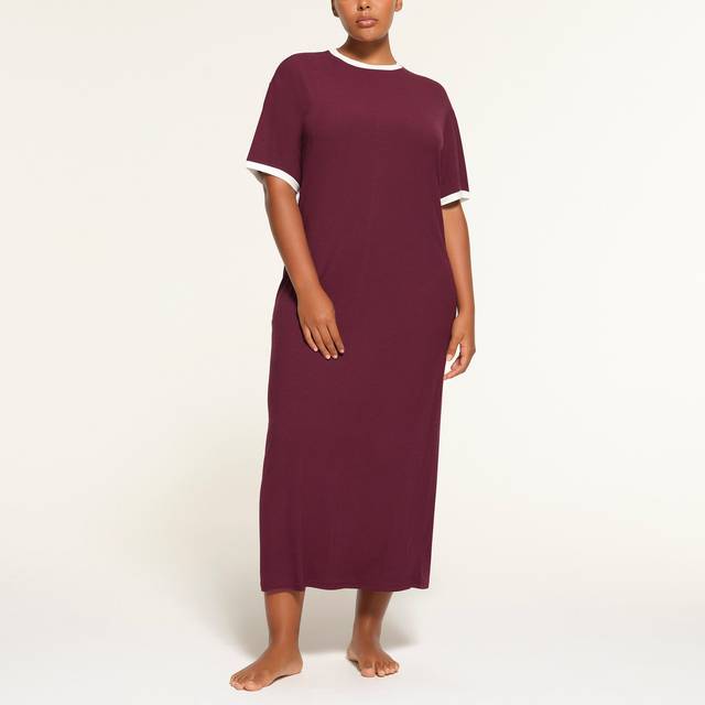 SKIMS Ringer T-Shirt Long Dress | Red | 2XS | Soft Lounge - Maroon