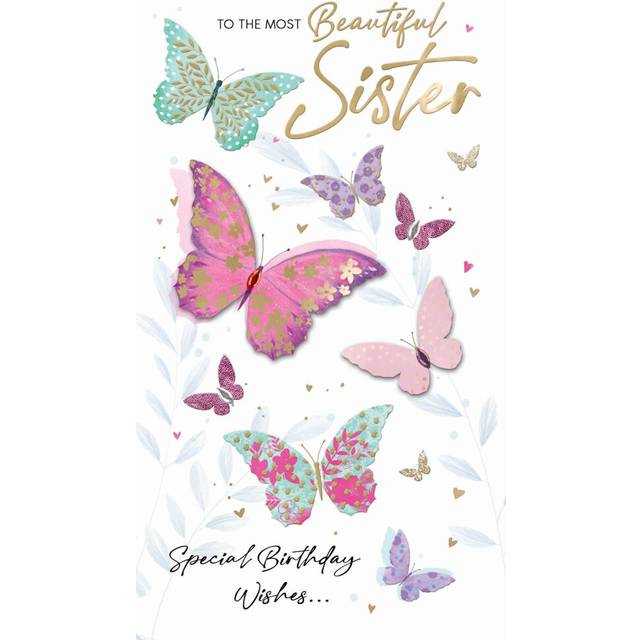 Sister Birthday Card Embellished & Foiled Butterflies Champagne Greeting Card