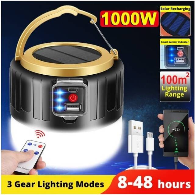 (Black) Outdoor Solar LED Camping Lights USB Rechargeable Tent Portable Lanterns Emergency Lights