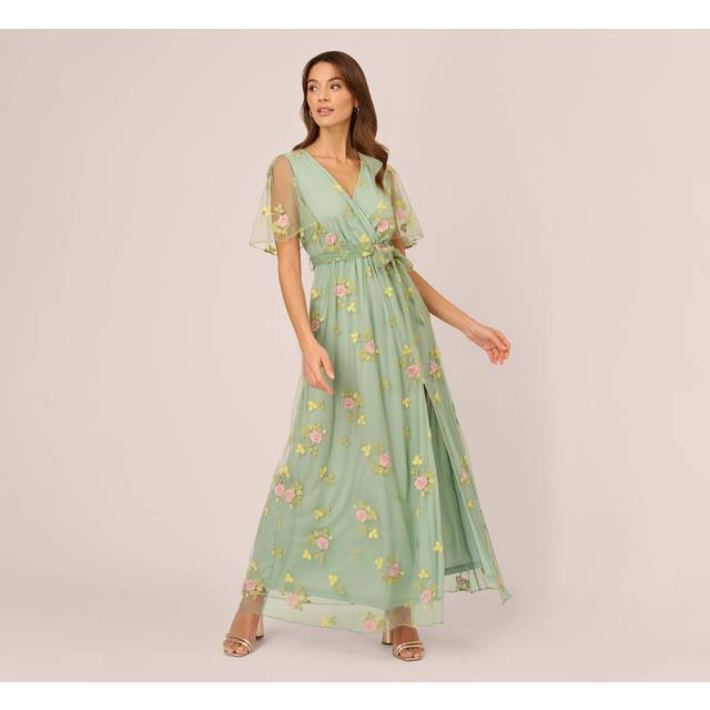 Floral Embroidered Maxi Dress With Sheer Flutter Sleeves In Sage Multi