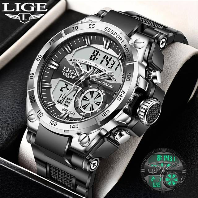 LIGE Men’s Watches Top Brand Big Sport Watch Luxury Men Military Silicone Quartz Wrist Watches Fashion Chronograph Male Clock silver