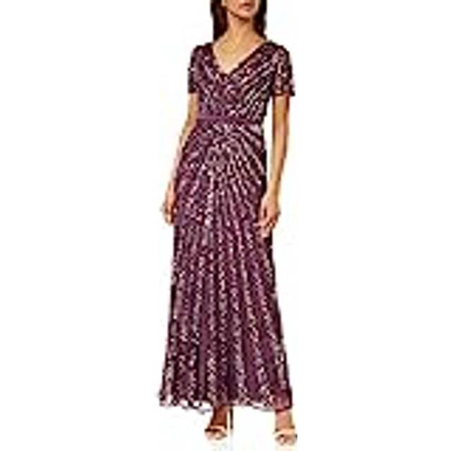 Short Sleeve Stripe Embellished Maxi Dress - Grape - 14