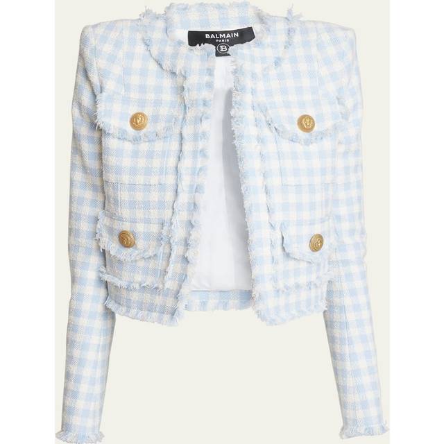 Balmain Checked cotton-blend tweed jacket - blue (UK 16)