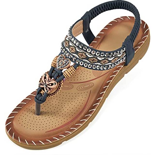 Aomigoct Sandals Women Flat Shoes: Dressy Summer Bohemian Flats Shoes for Women Sandals Comfortable Ankle Strap Outdoor Walking