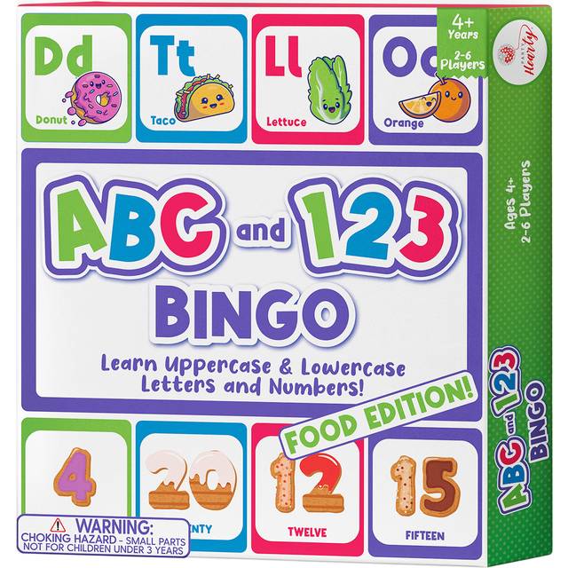 Party Hearty Alphabet and Number  ABC and 123 Bingo Board Game for Kindergarten and Preschool Kids Learn to Read Fun 2 Versions for Ages 4 and Up Food
