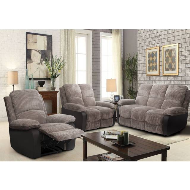 (Grey, 3 Seater + 2 Seater + Chair Set) Fabric Jumbo Cord Sofa 3 Seater 2 Seater Chair Recliners Grey or Brown
