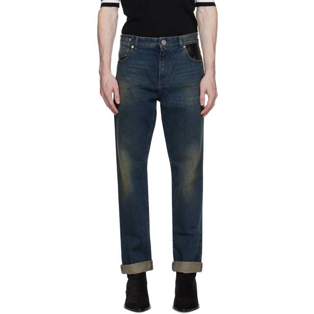 Balmain Blue Leather Pocket Jeans - SGS BLEU JEAN BRUT/N - WAIST US 30